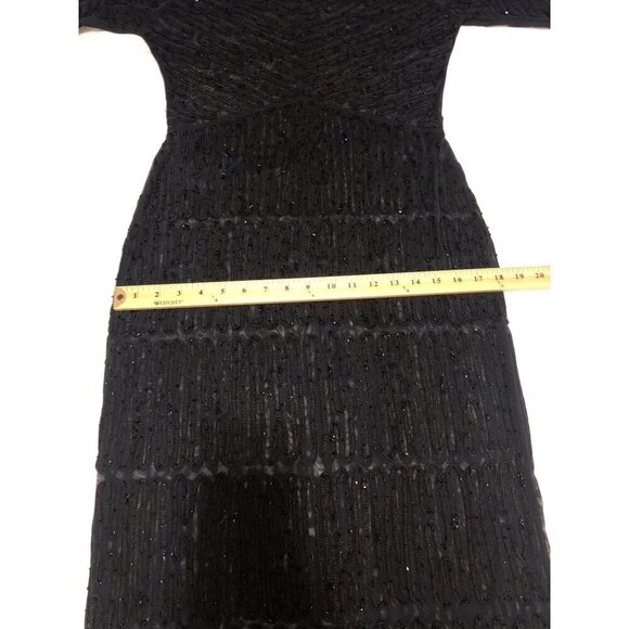Black Beaded Sheer Mesh Dress Size M Long Sleeve Midi Sheath Goth Retro Whimsy - Picture 7 of 10
